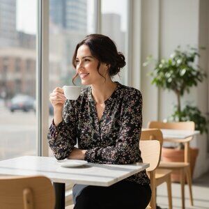 Zac & Rachel Floral V-Neck Top L Black Pink Soft Romantic Boho Career Blouse